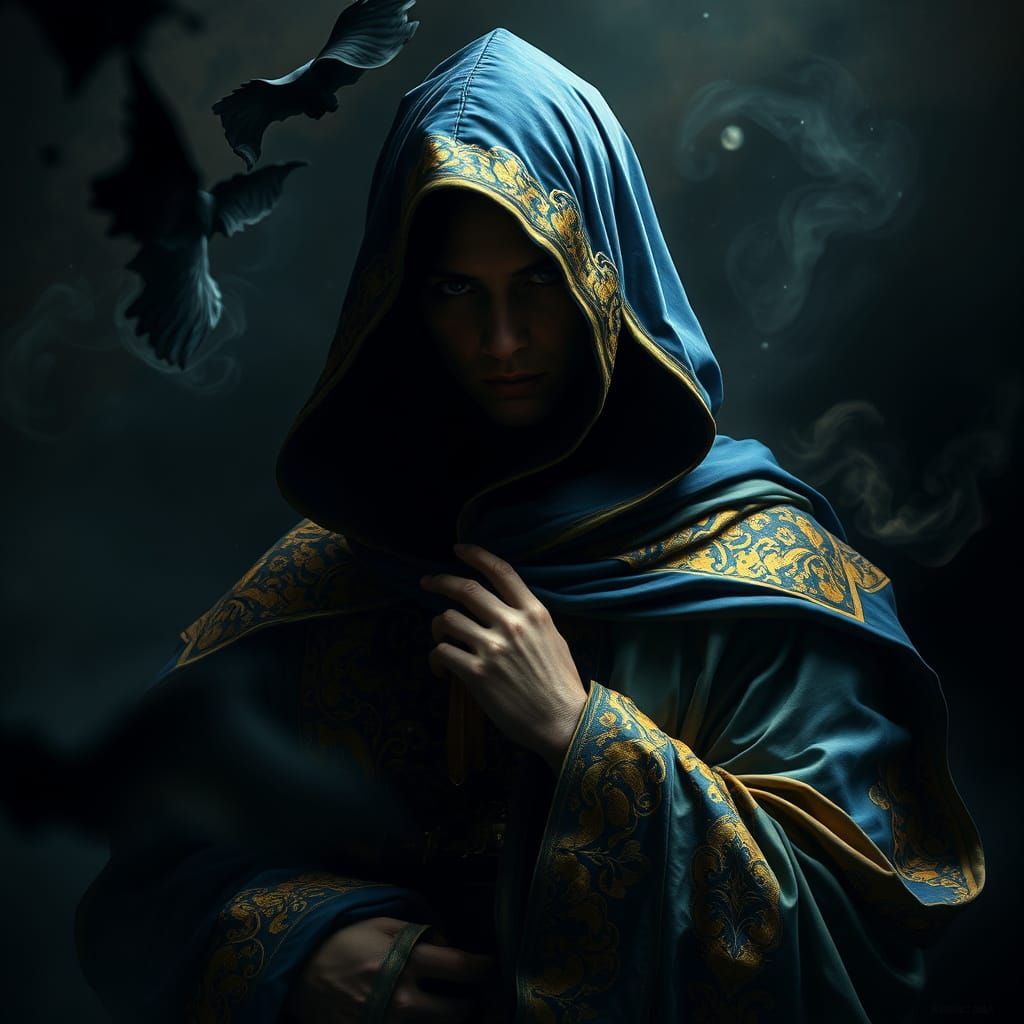 Baroque Hooded Figure in Rich Blue and Gold