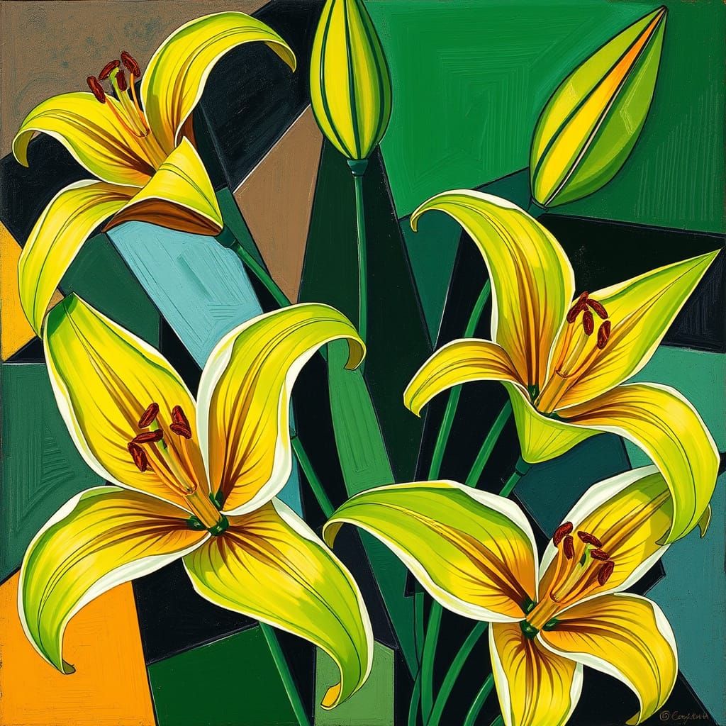 Green Lilies in Geometric Cubist Style