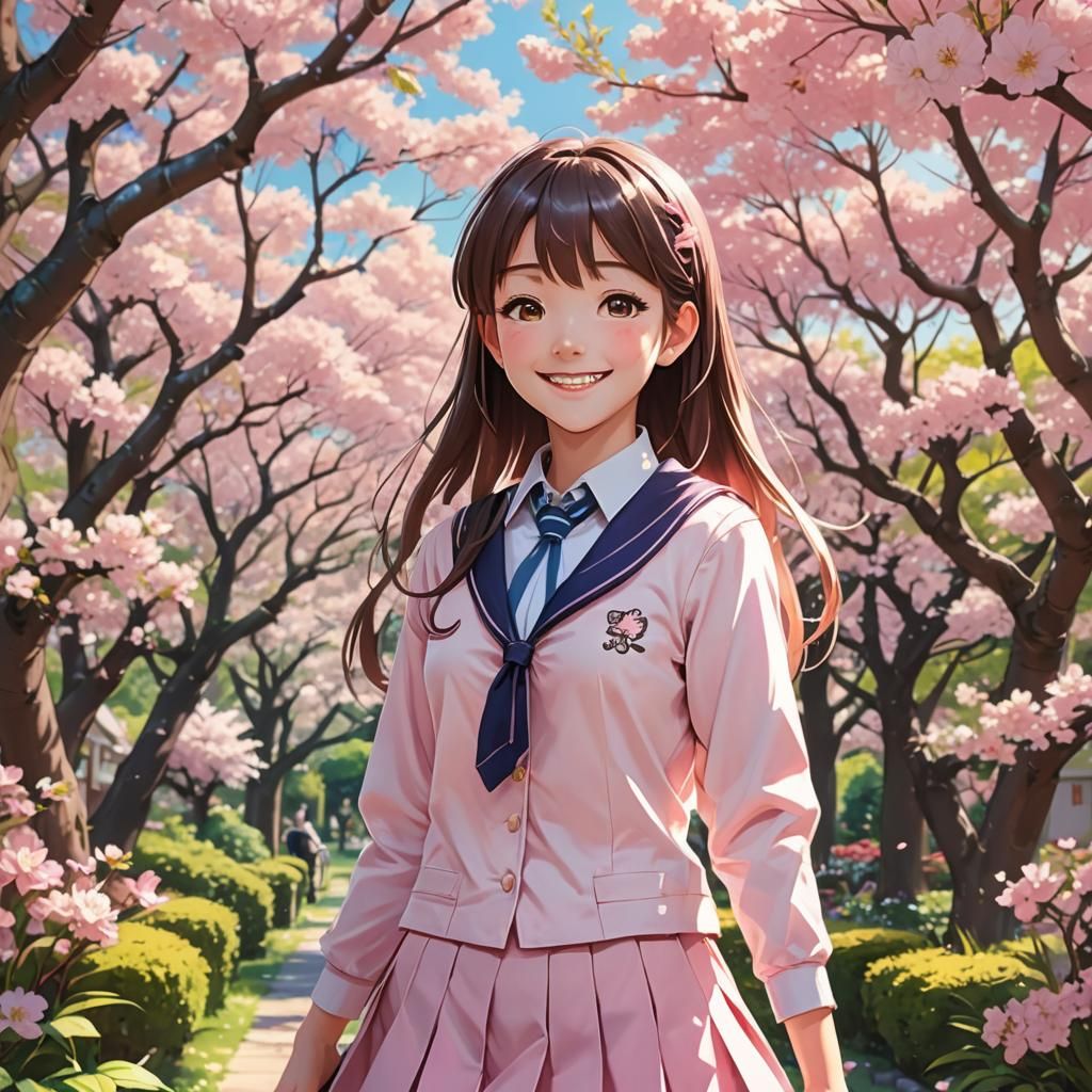 Anime Girl in Garden with Cherry Blossoms
