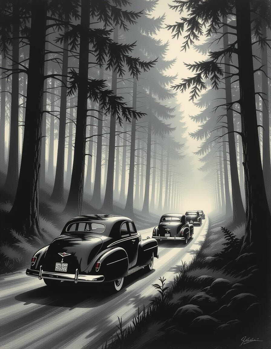 Monochrome Vintage Cars Race in Ethereal Forest