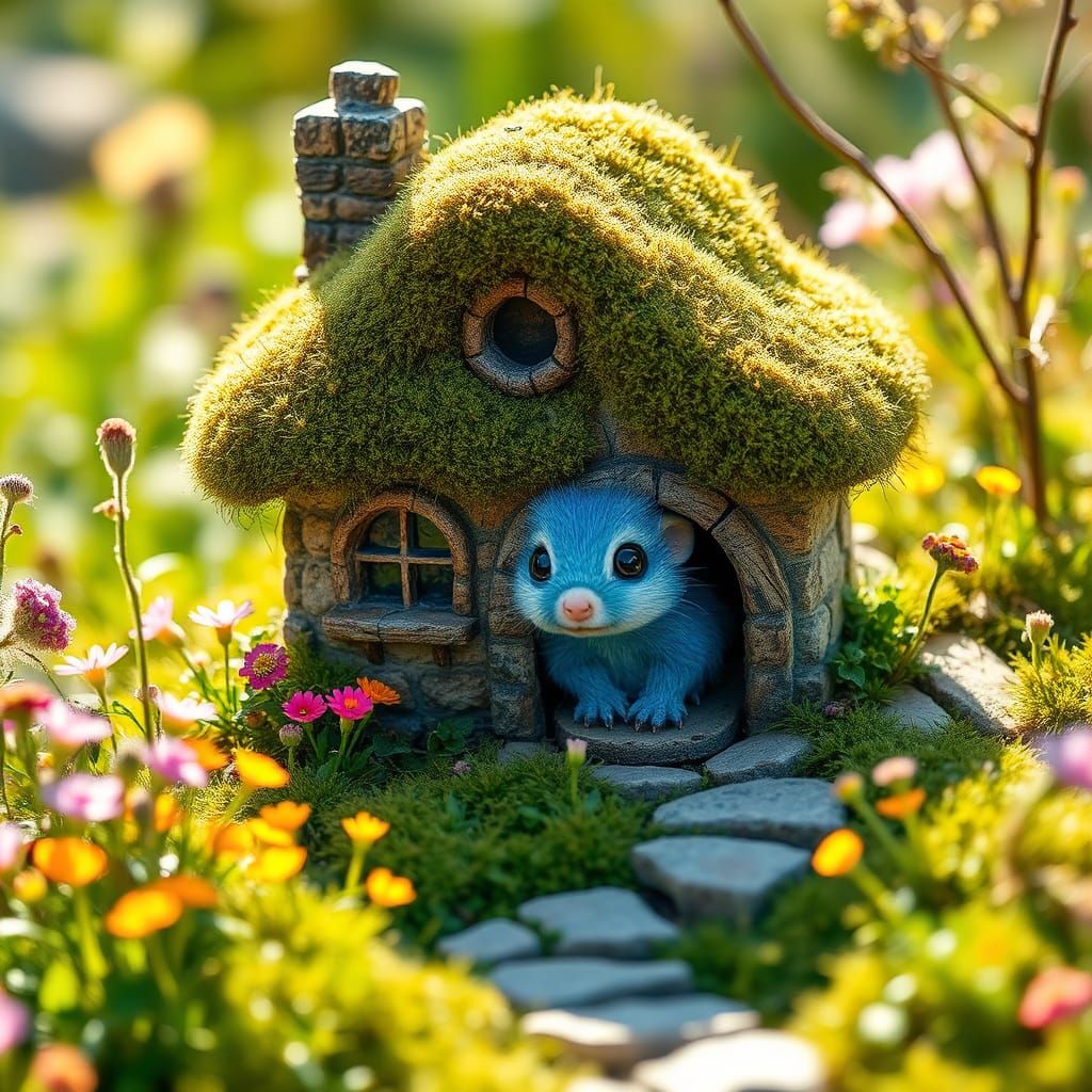 Enchanted Cottage Scene with Whimsical Creature