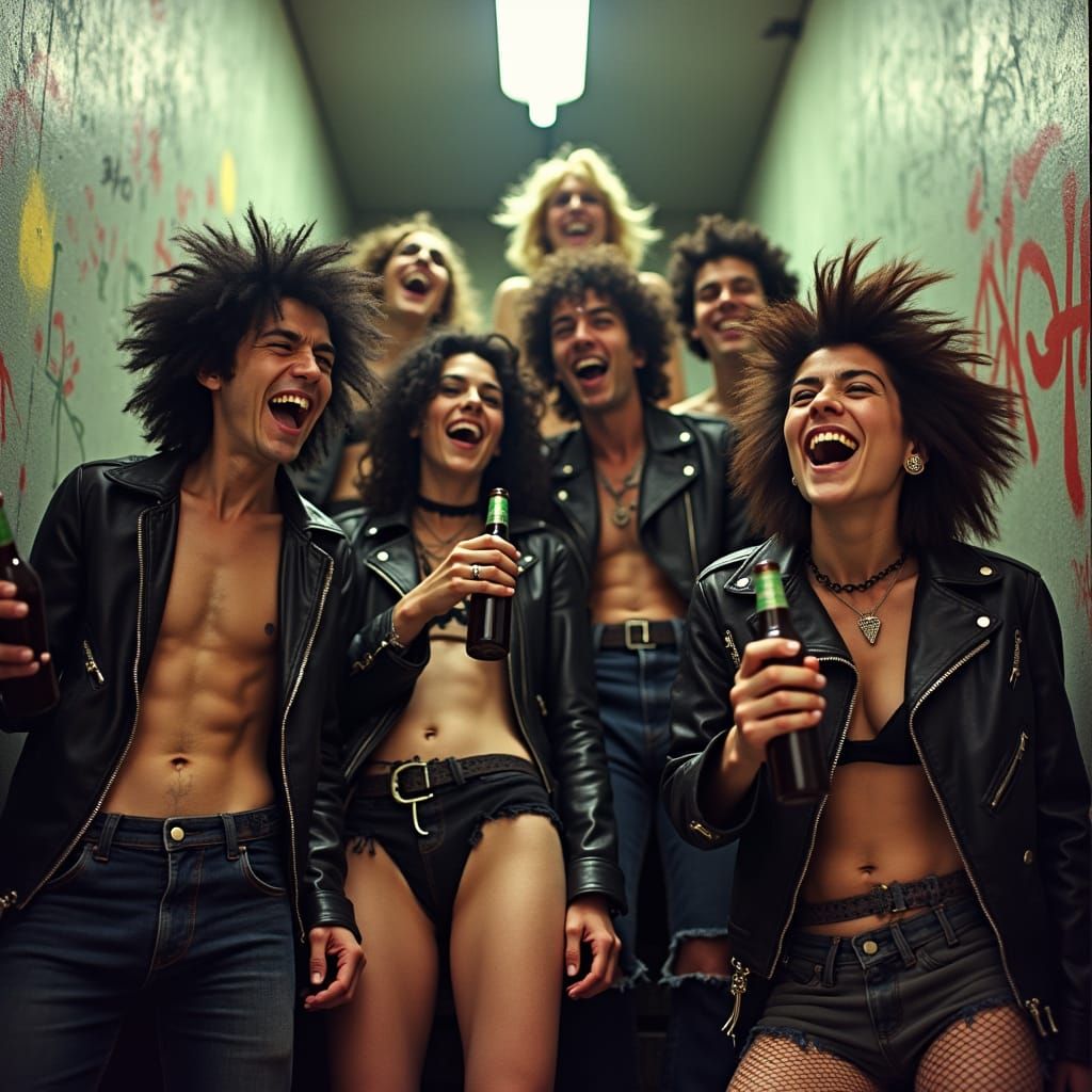 Rowdy Punks Gather on Dimly Lit Staircase