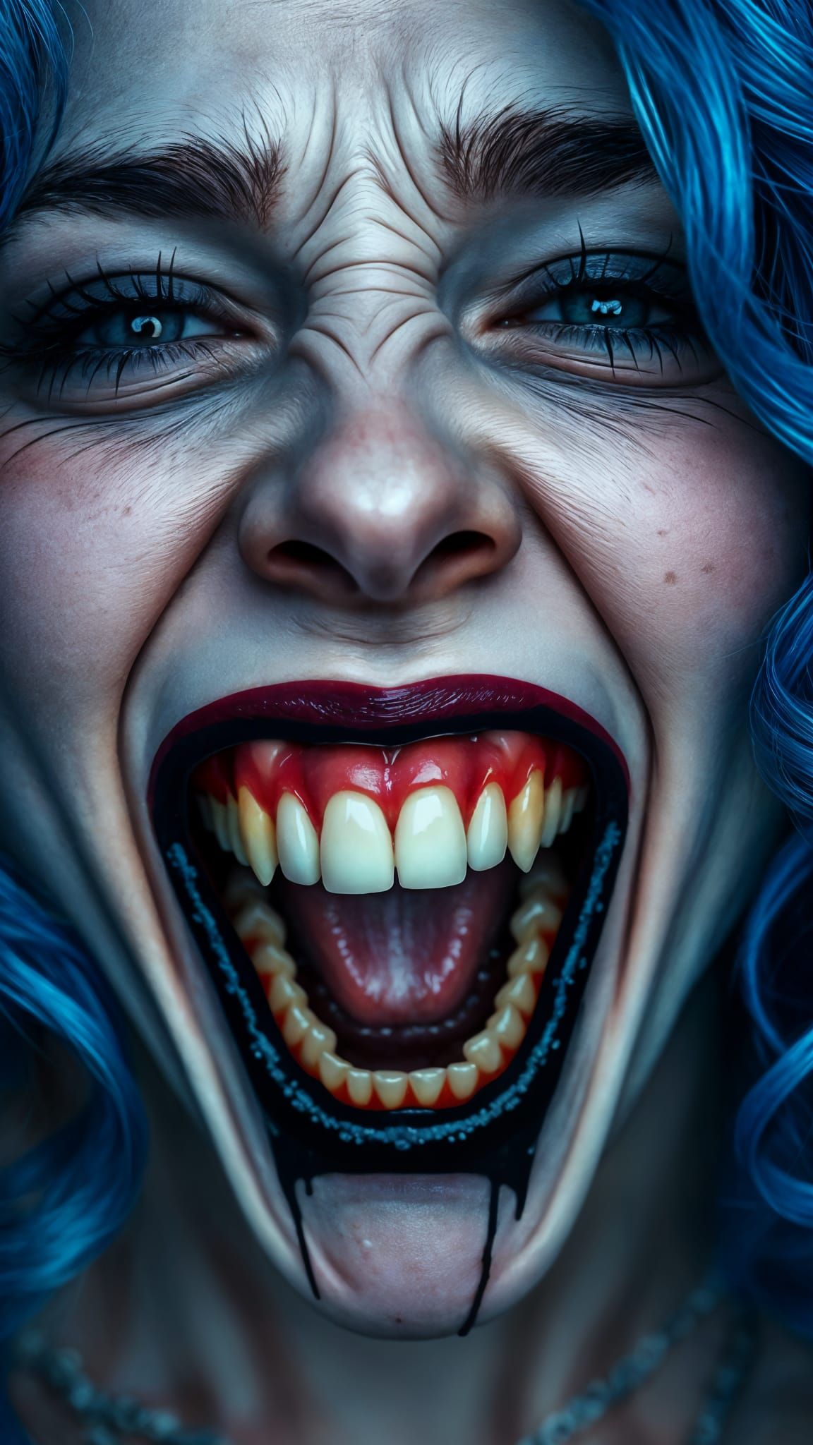Grotesque Portrait of Pierced Woman with Blue Hair