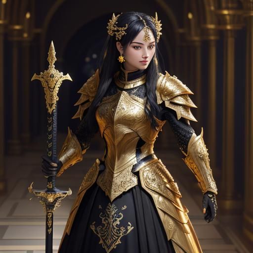 Golden Knight with Obsidian Ornament Sword in Hallway