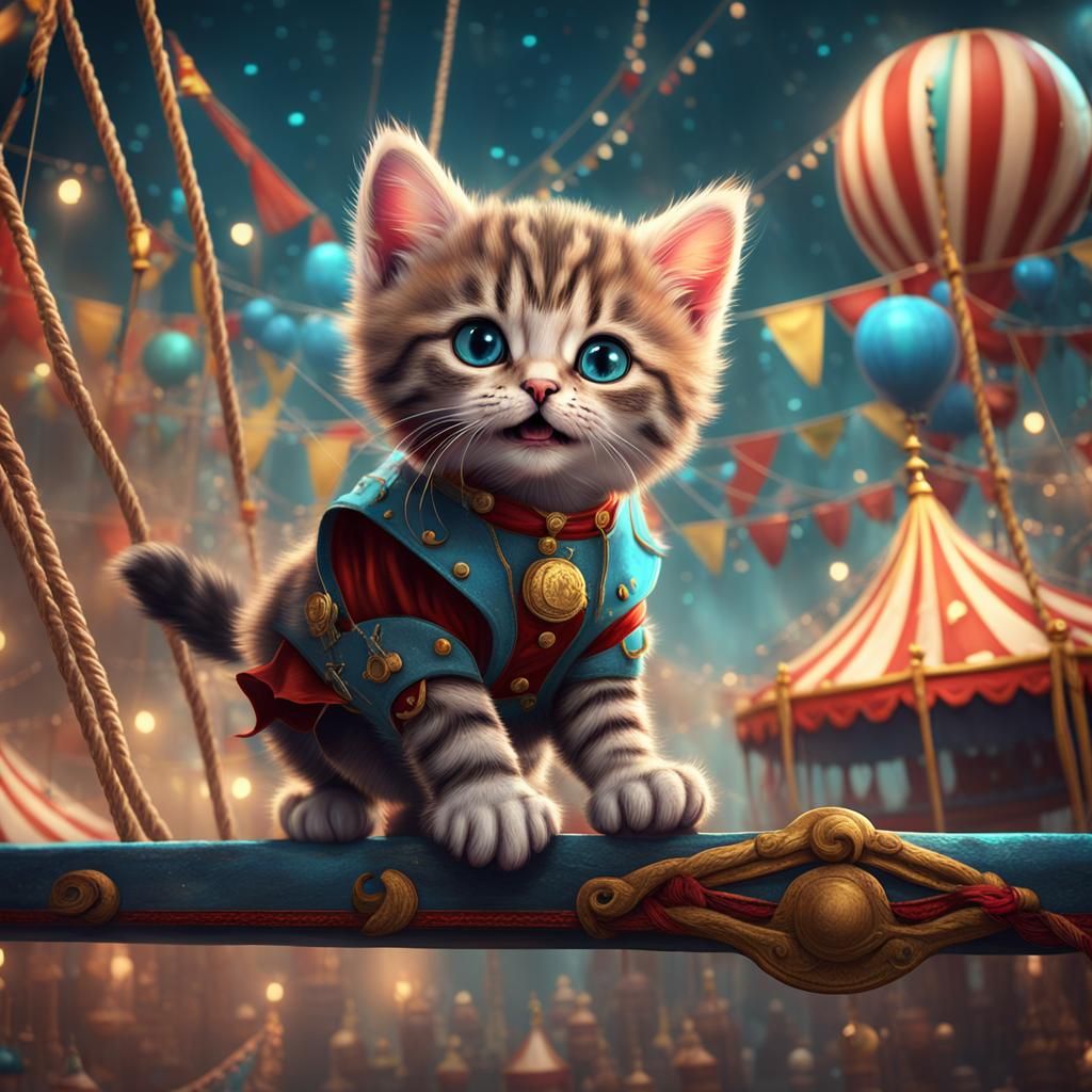Kitten Tightrope Walker in Circus, Detailed Fantasy Art