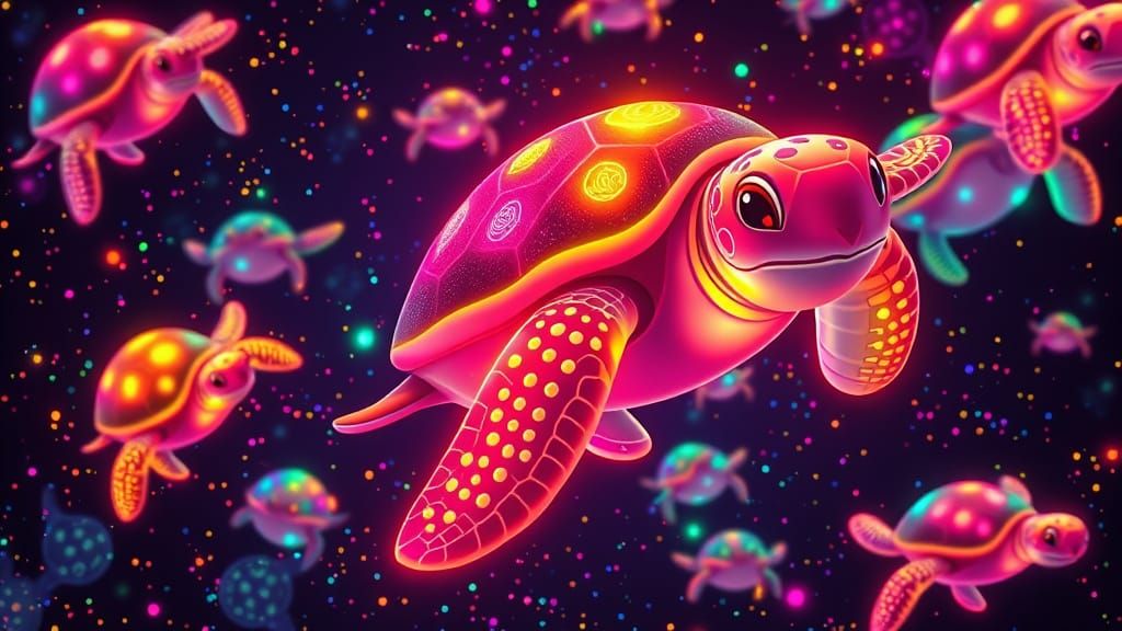 Neon Sea Turtles in a Dreamlike Cosmos