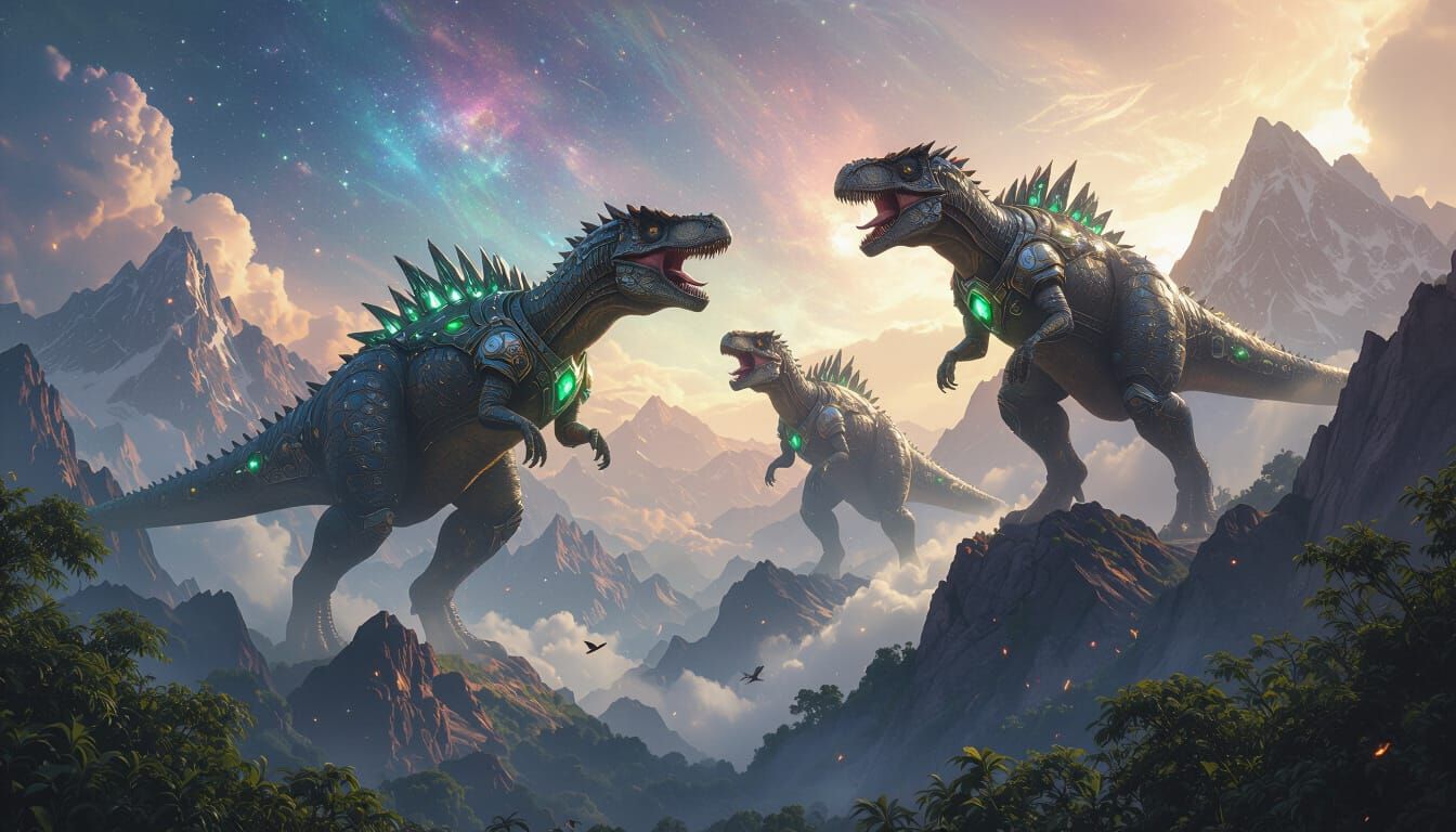 Cosmic Dinosaurs in Titanium Armor Battle on Mountains