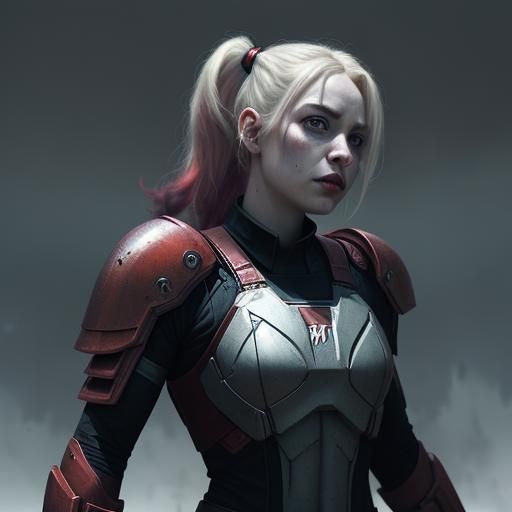 Harley Quinn in battle armor like a UNSC Drop Trooper with a red slow around her and red lightning
