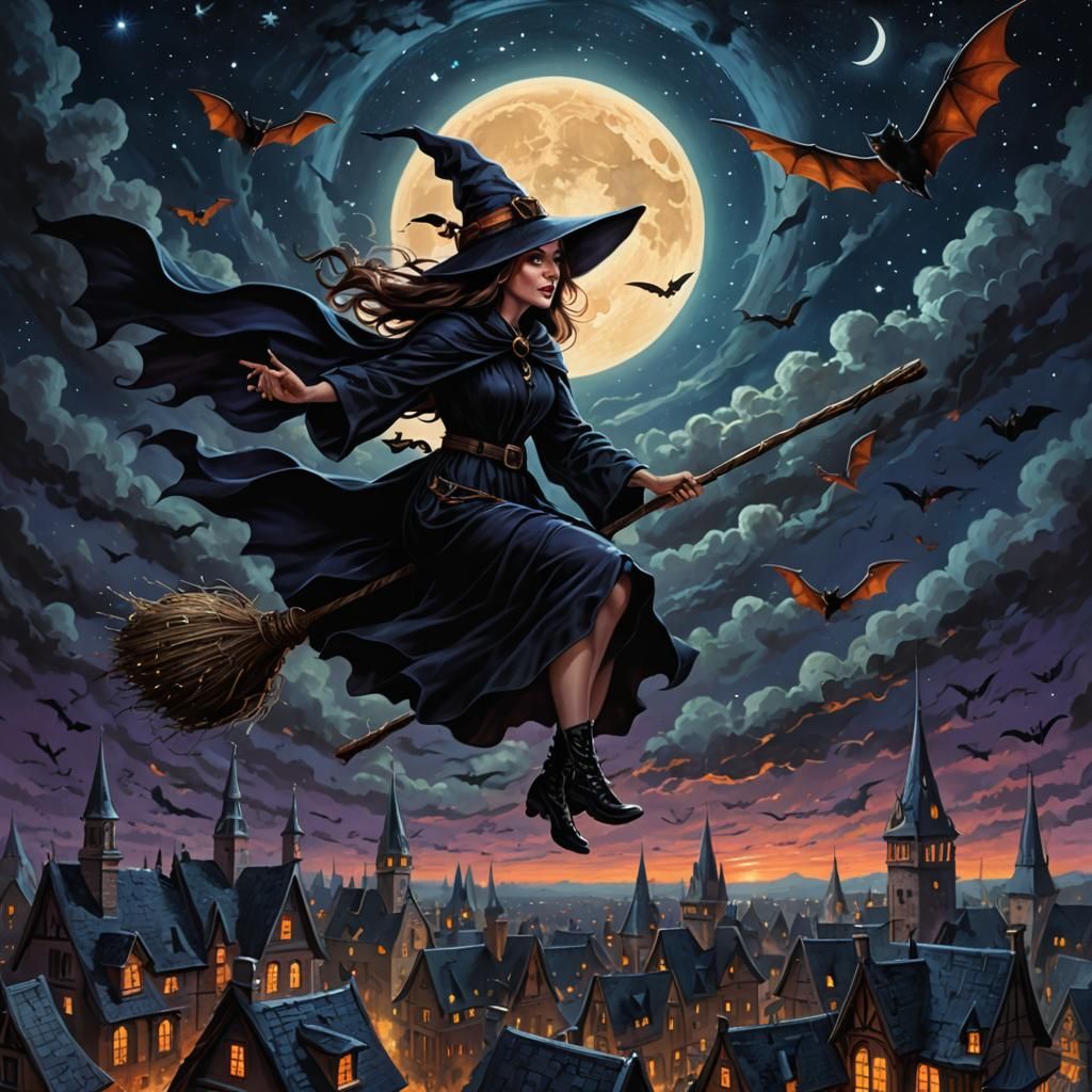 Haunting Witch Soaring Through the Night Sky