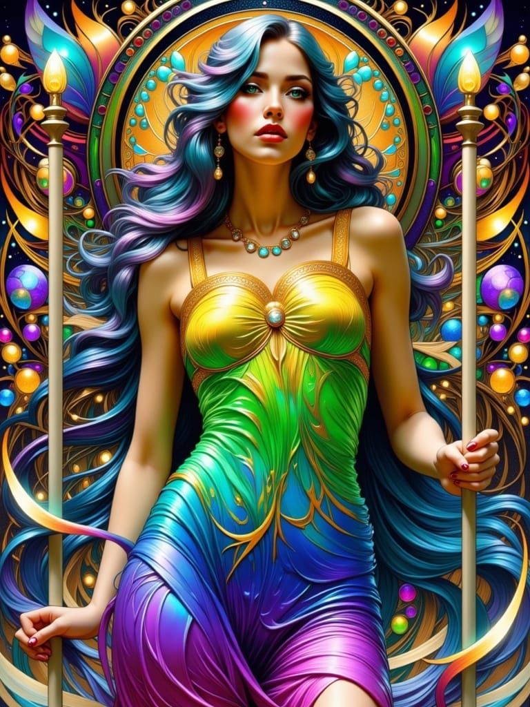 Surreal Art Nouveau Goddess in Dreamlike State with Iridesce...