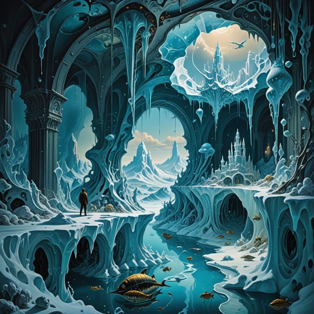 Surreal Underwater Ice Palace with Bioluminescent Life