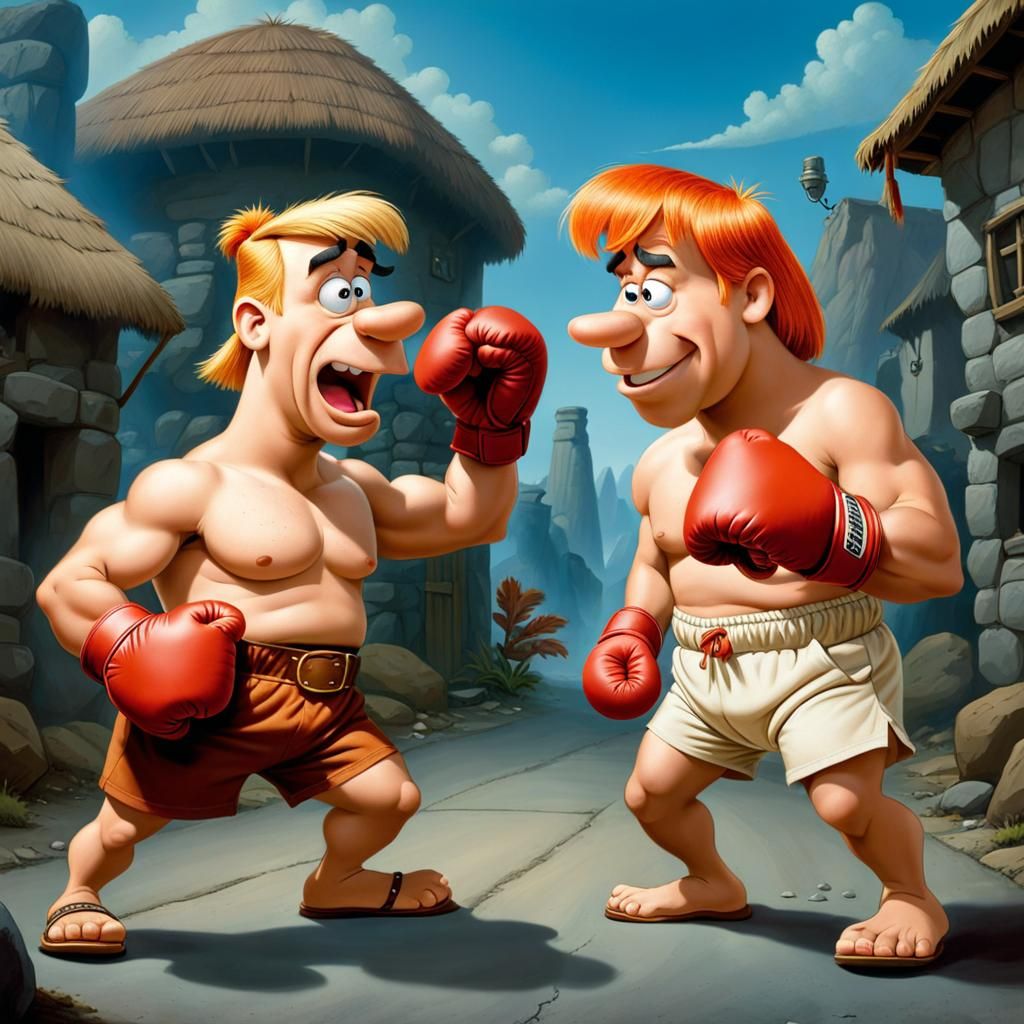 Flintstones Boxing Match in Bedrock Cartoon Style