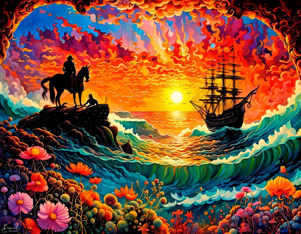 Ocean Sunset Sailing Ship in Double Exposure Art