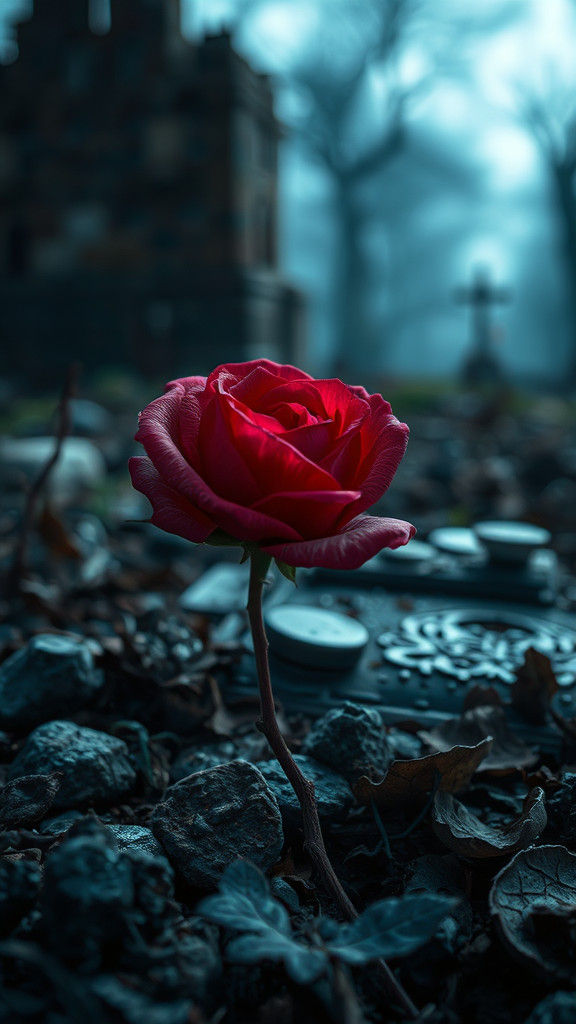 Hyperrealistic Rose on Grave in 64K Resolution