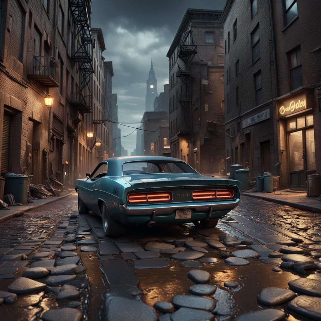City in the night, Dodge hemi cuda,