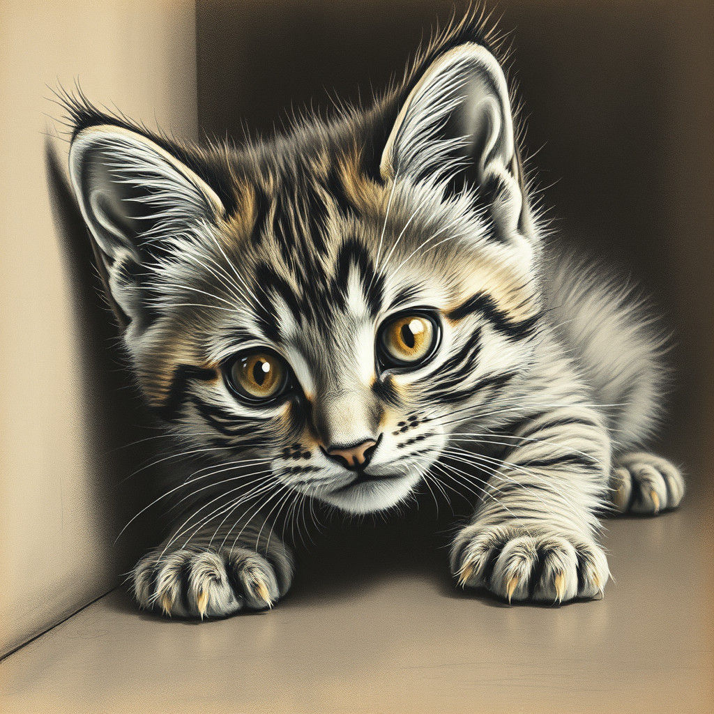 Hyperrealistic Charcoal Kitten Portrait