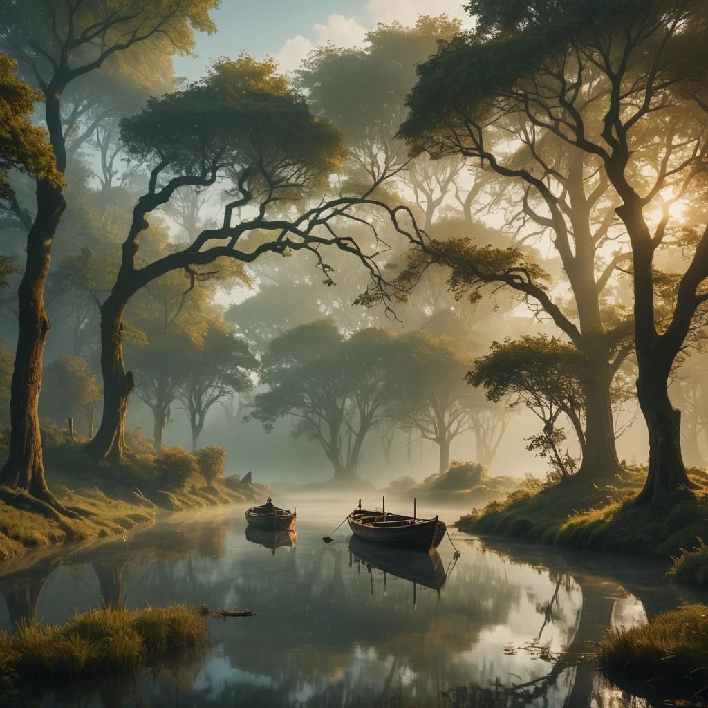 Serene Boat in Foggy Glade: Cinematic Digital Painting