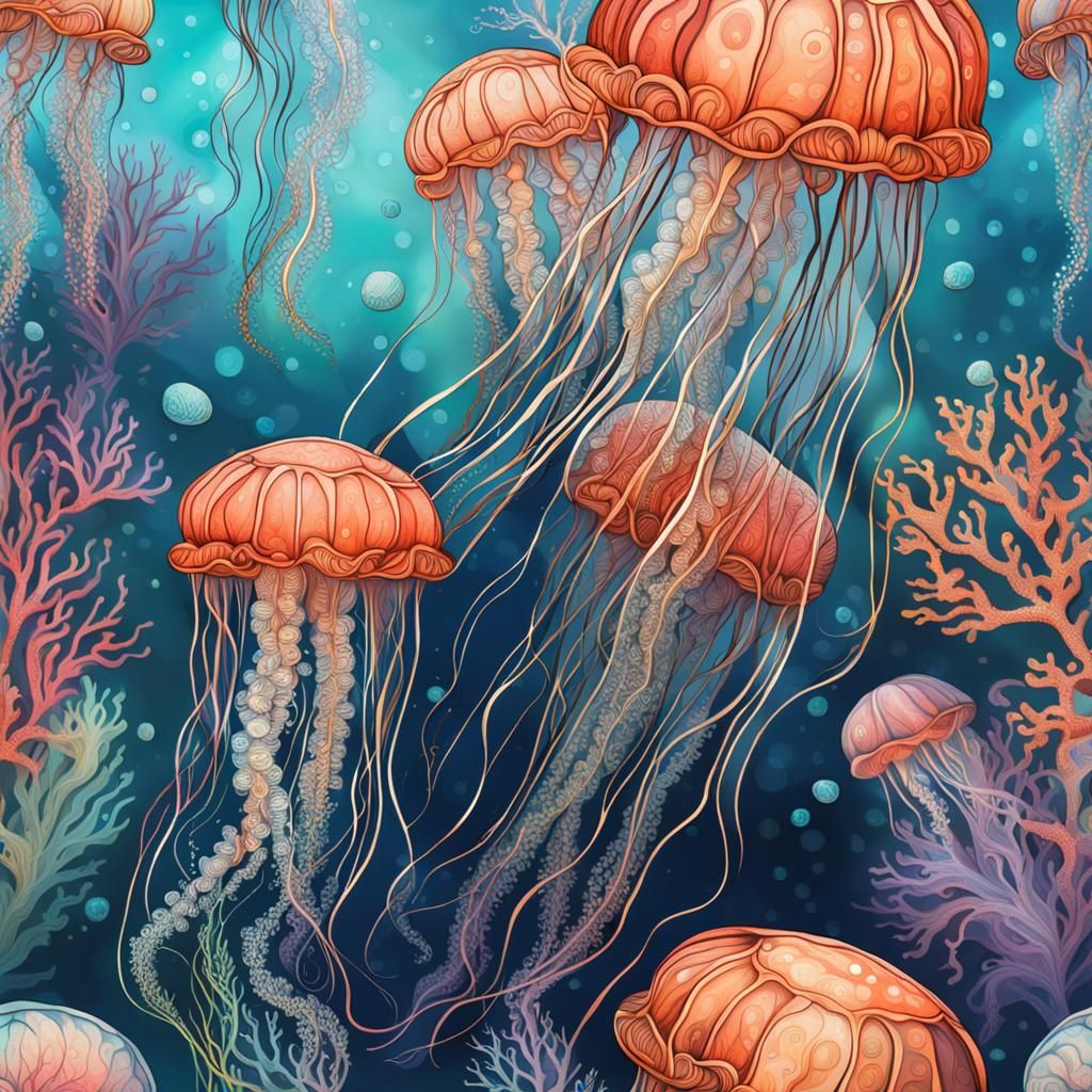 Hyperrealistic Zentangle Jellyfish in Coral Reef