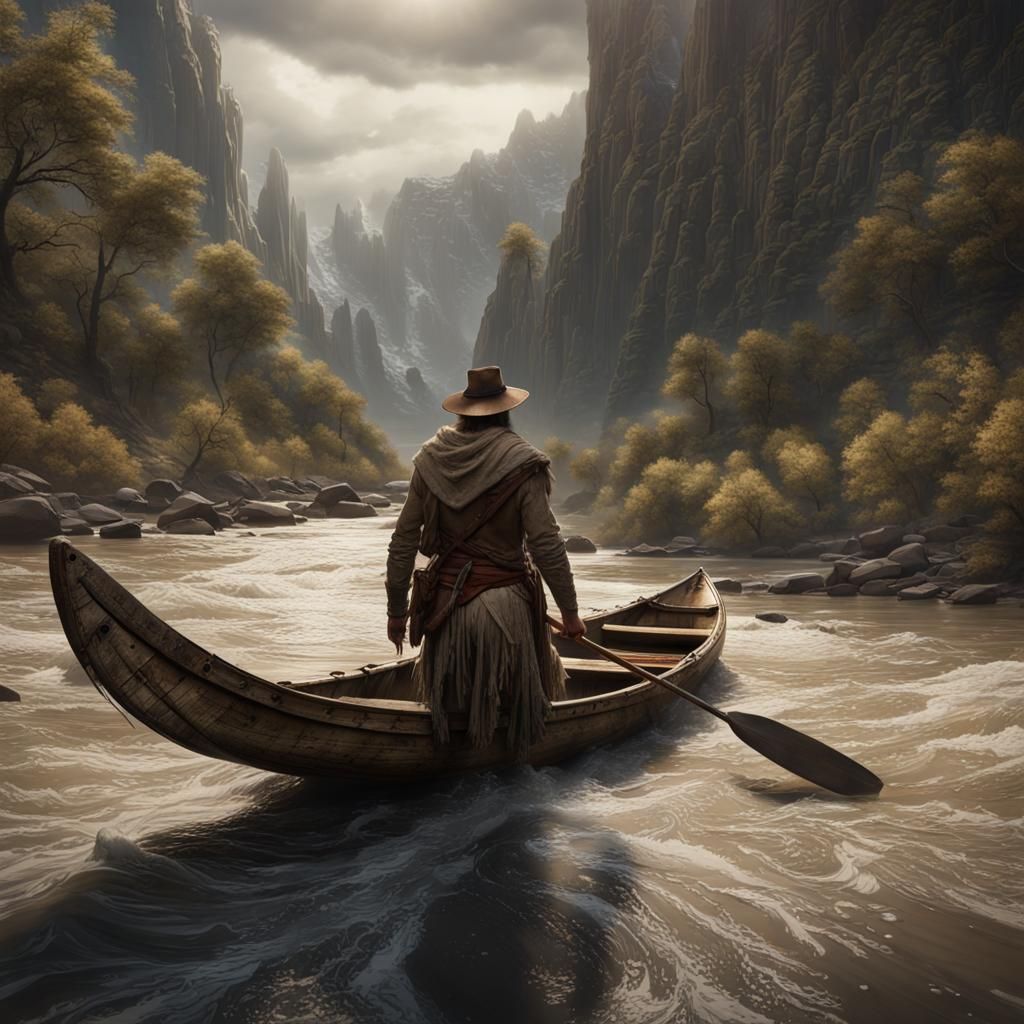 Solitary Voyager on a Wild River in Detailed Matte Painting