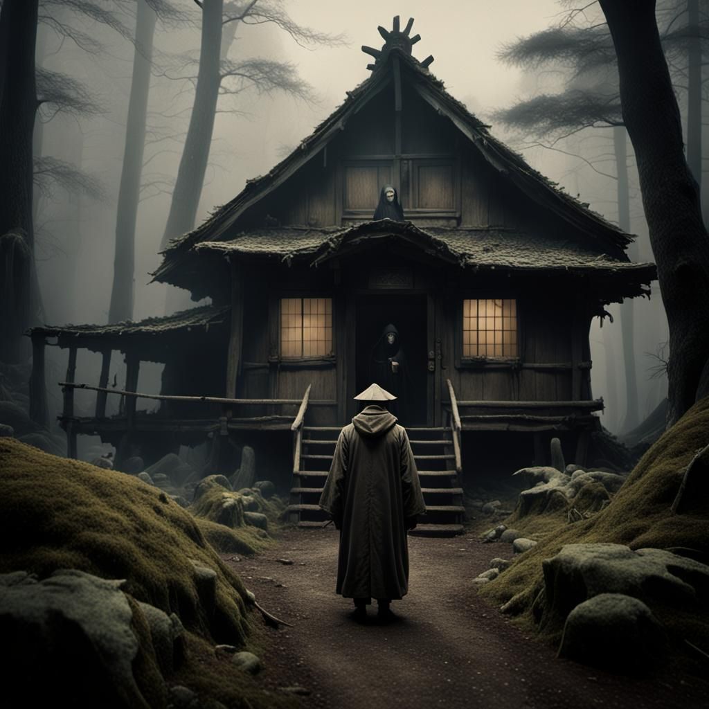 Hermit and Yokai in Misty Forest, Sepia-Toned Film Still