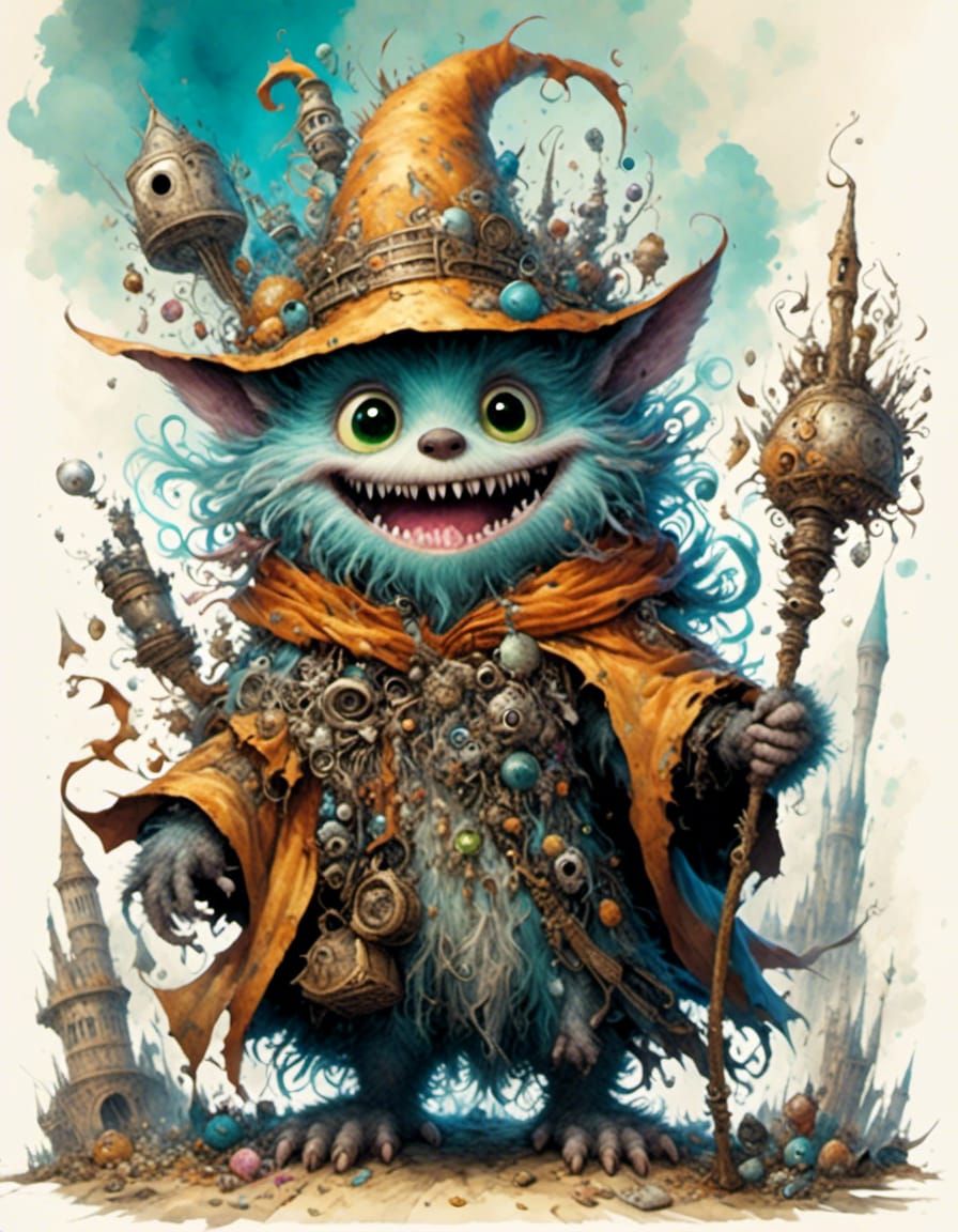 Adorable Monster Wizard in Hogwarts Illustration