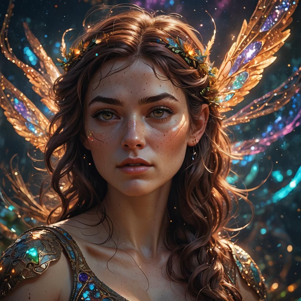 Beautiful Pixie with Freckles in Holographic Style