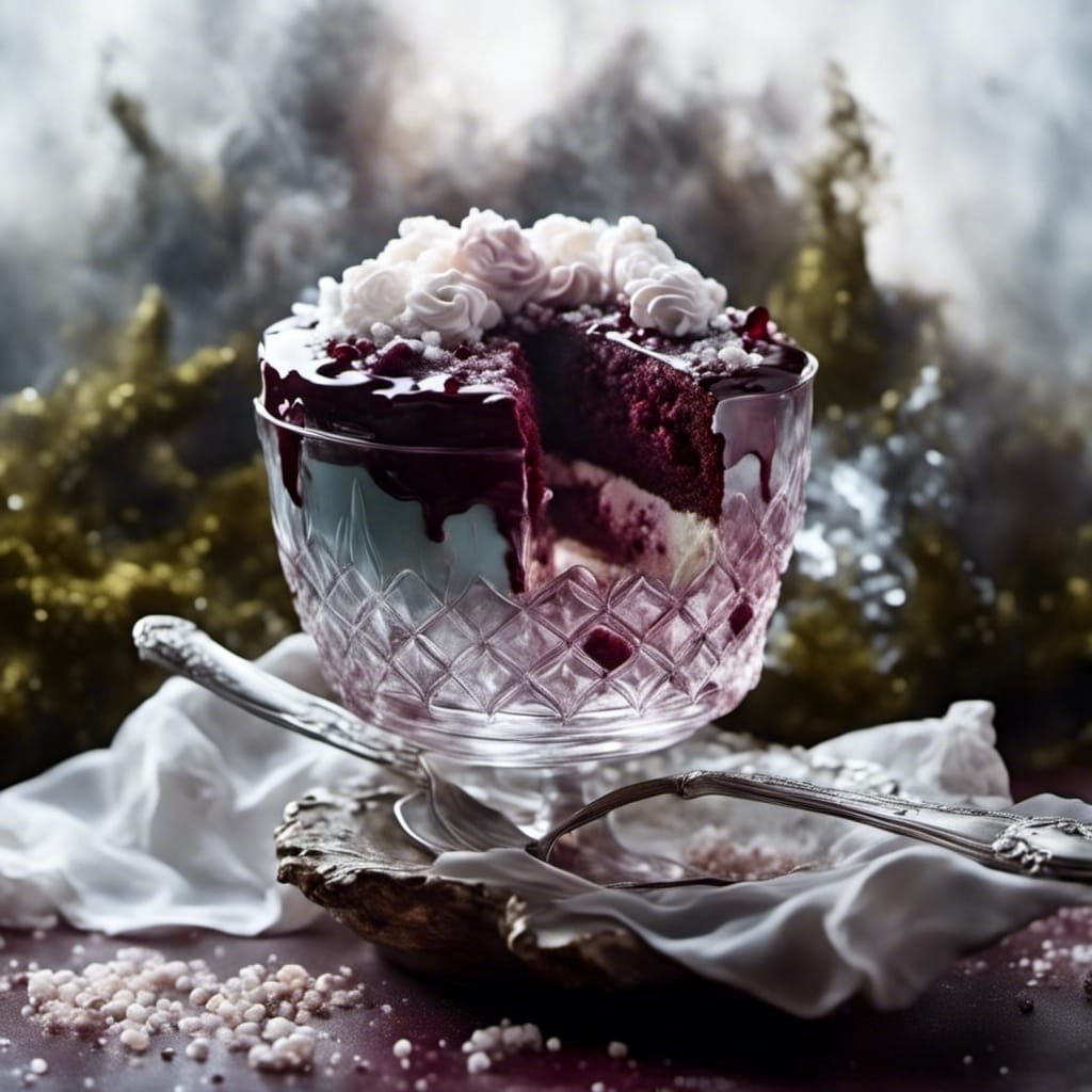 Burgundy Cake in Crystal Glass: Macro Oil Painting
