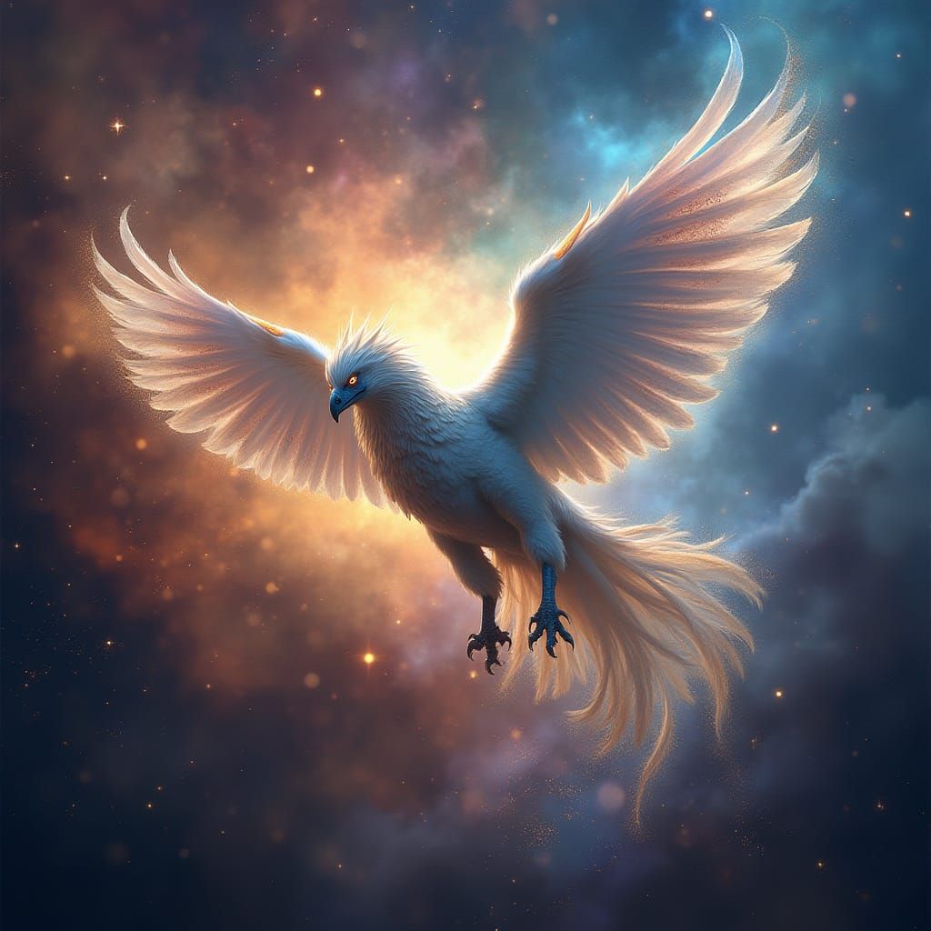 Regal Griffin Soars Through a Vibrant Nebula in a Dreamlike,...