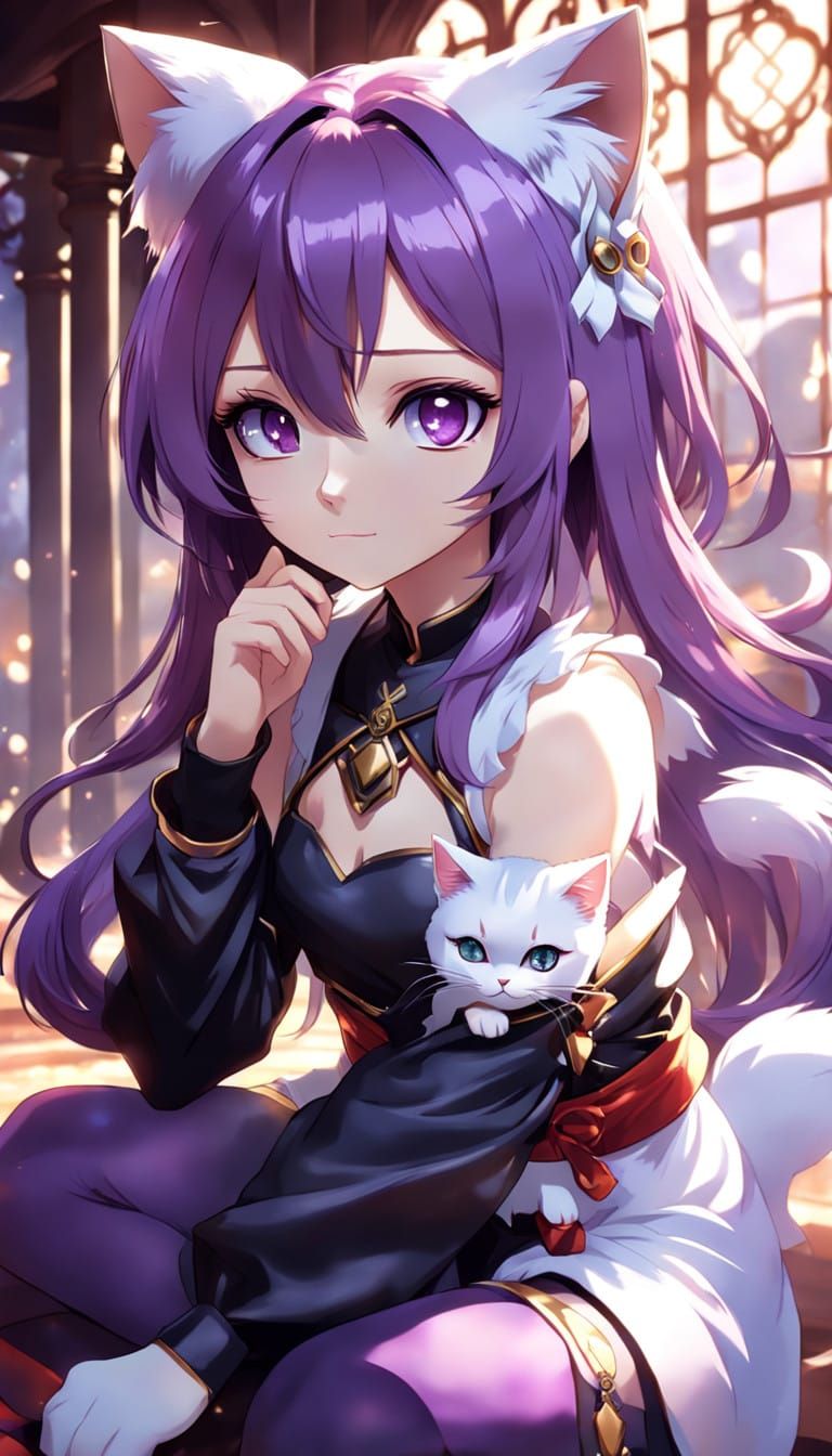 Anime Girl in Elegant Pose with Feline Features