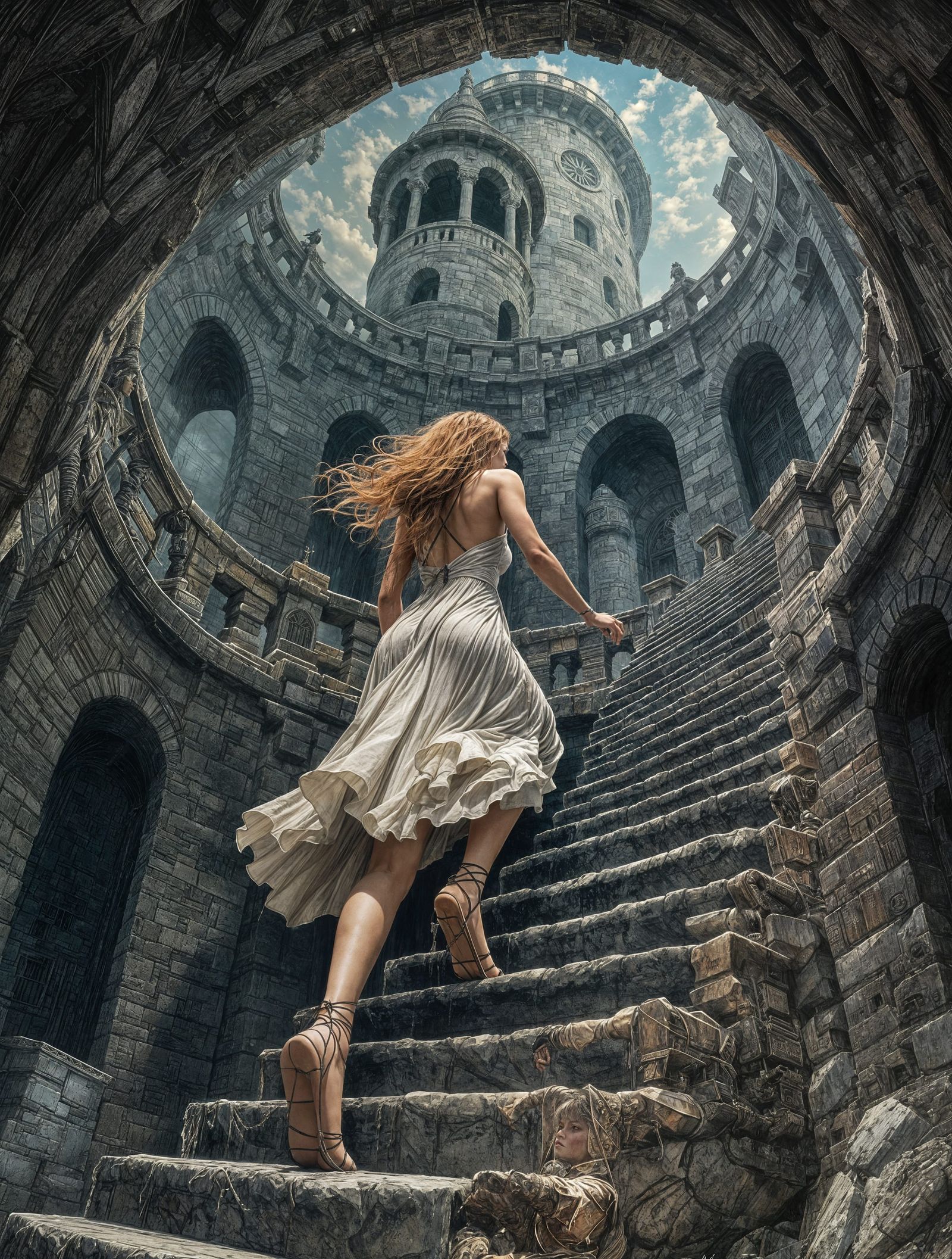 Fantasy Witch Ascends Dark Temple Staircase in Dreamy Pastel...