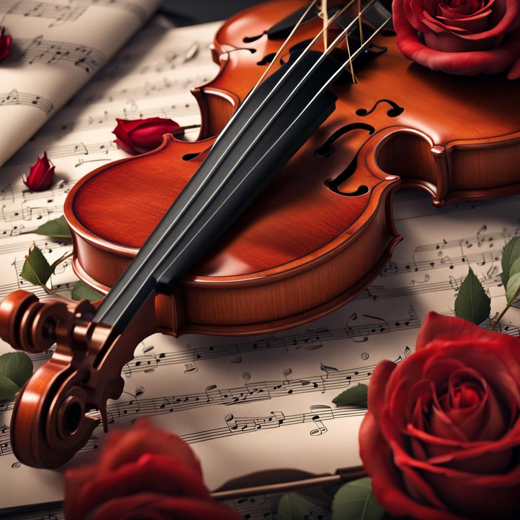 Hyperrealistic Violin with Red Roses and Music Sheets