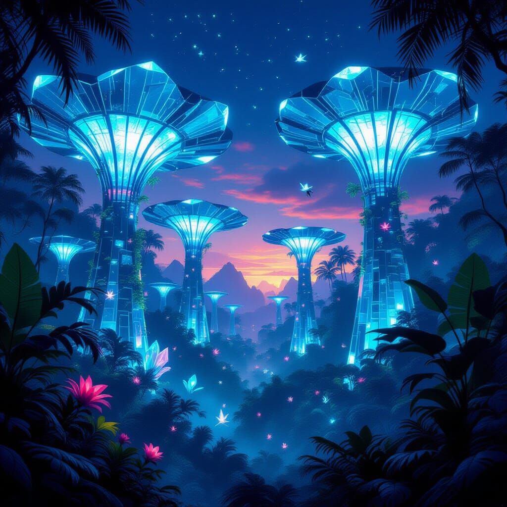 Bioluminescent Jungle with Crystalline Flora and Ethereal Cr...