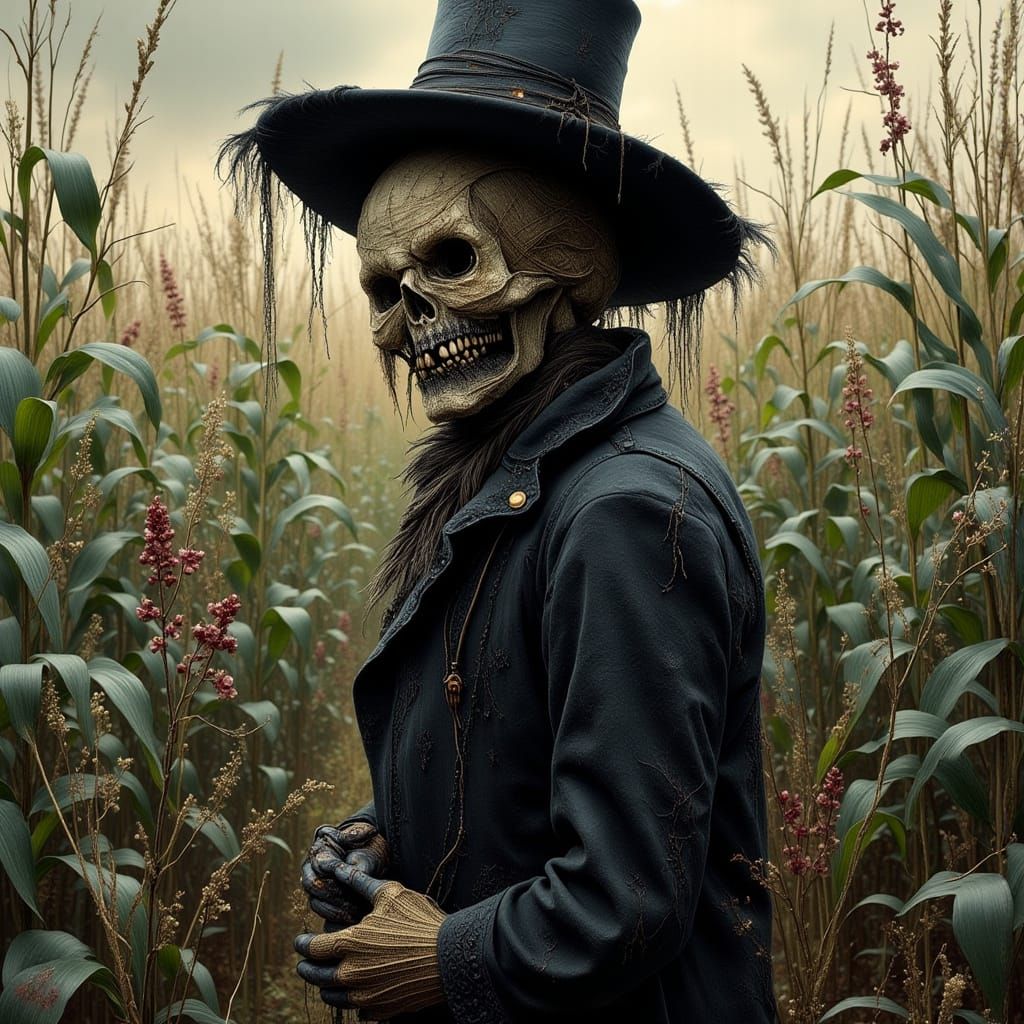 Creepy Scarecrow Guarding a Gothic Cornfield
