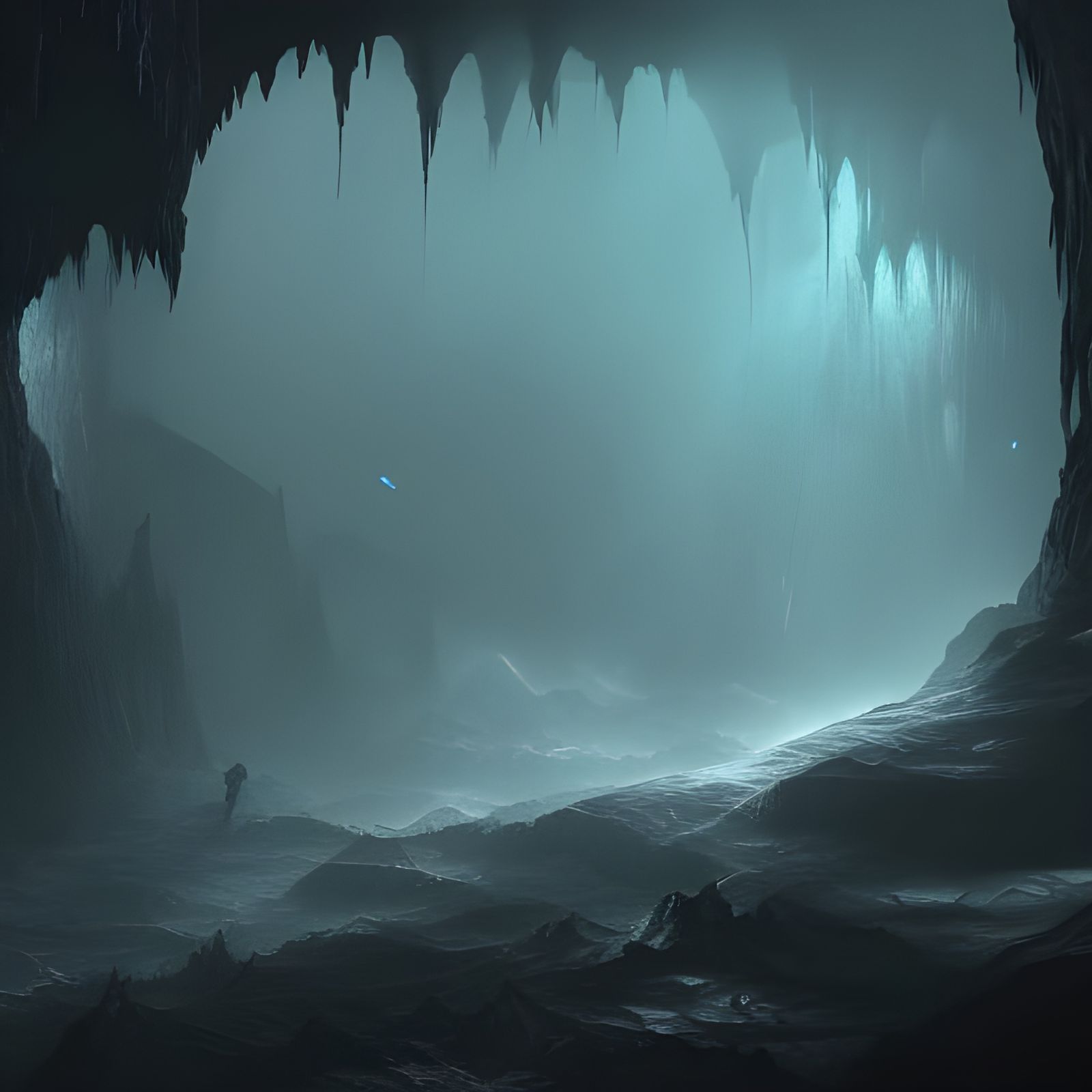 Eerie Glowing Cave with Red Eyes
