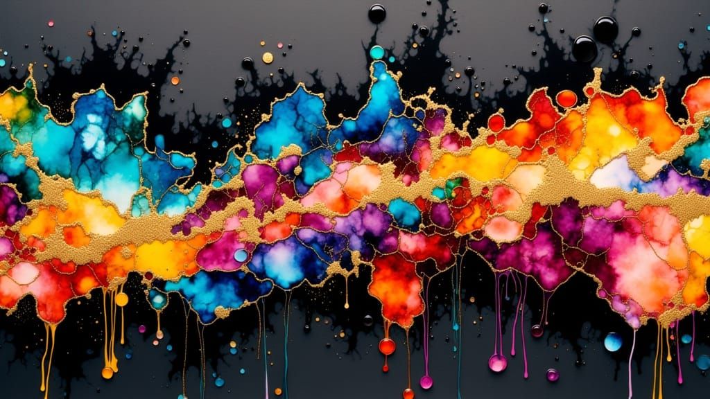 Colorful Alcohol Ink Swirls With Dripping Black Paint