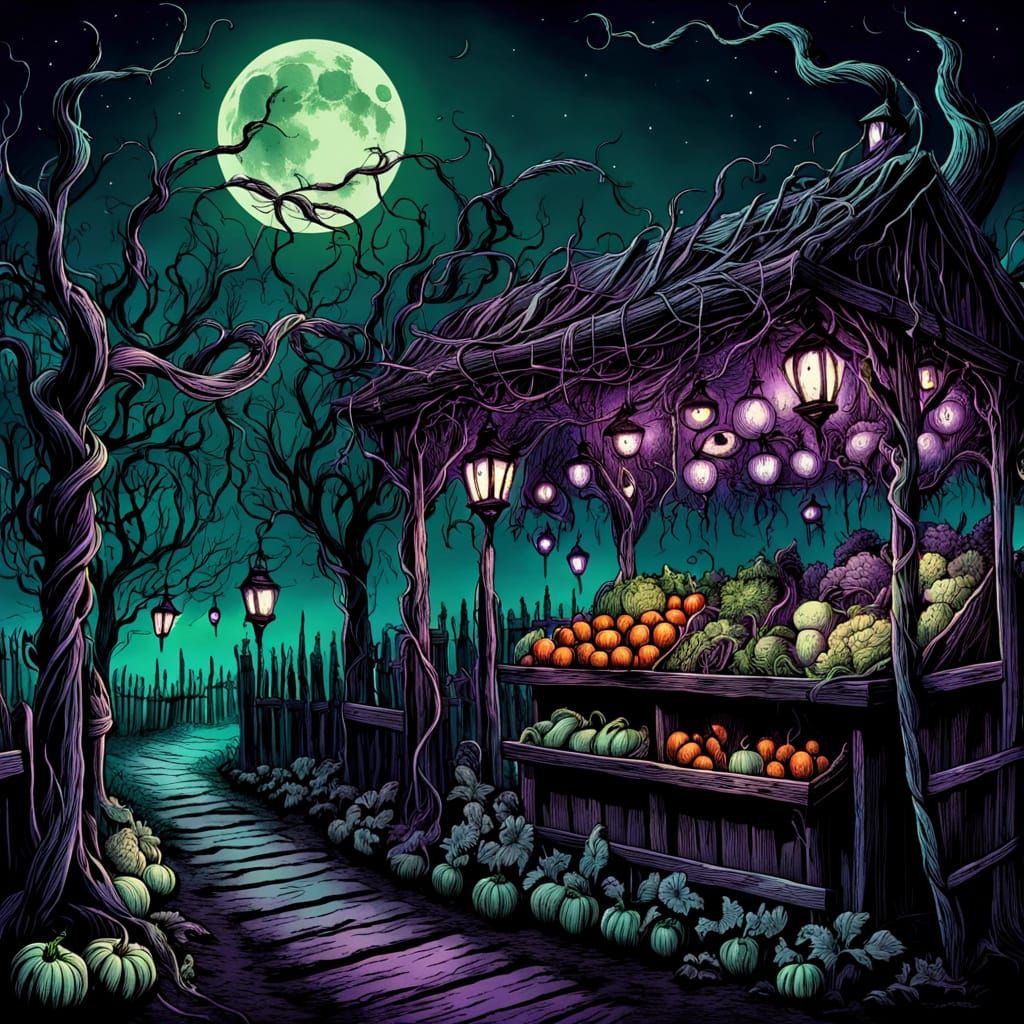 Creepy Gothic Vegetable Stand in Pen and Ink