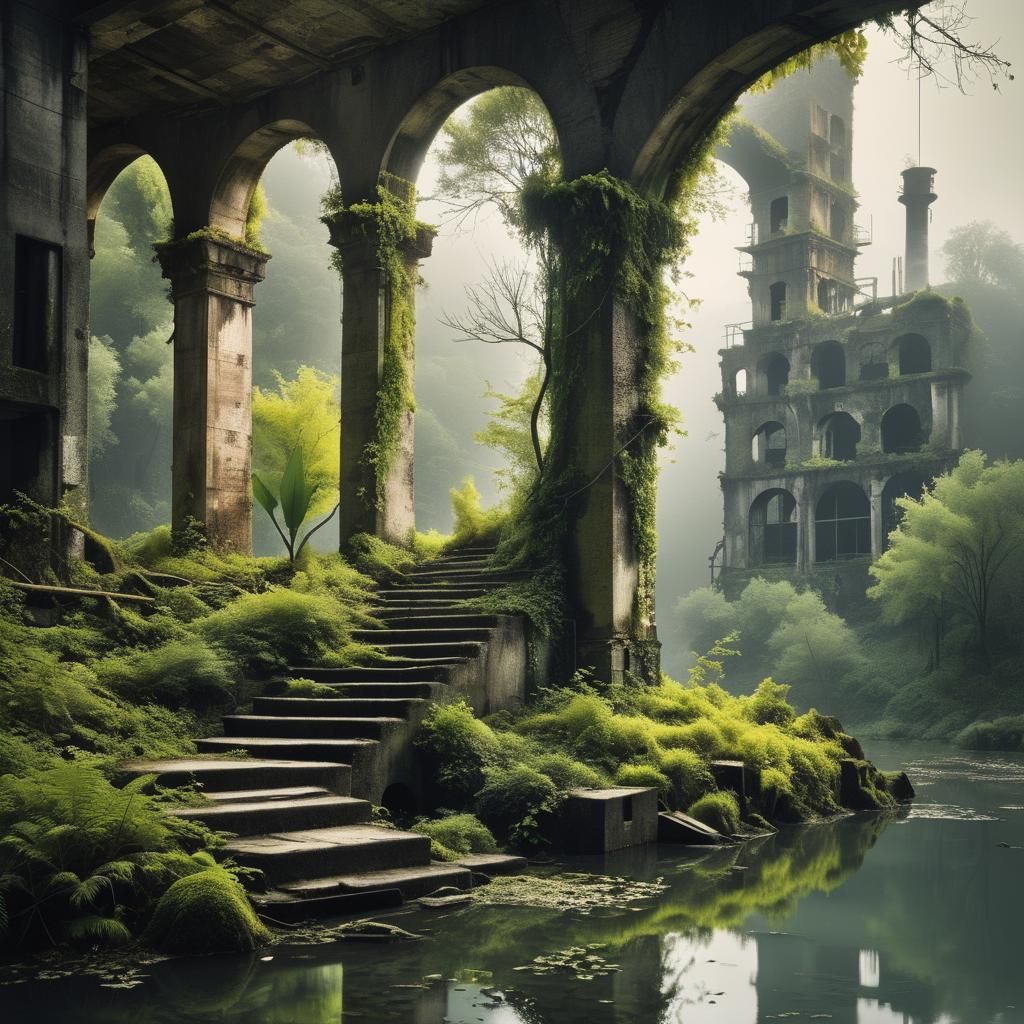 Nature Reclaims Industrial Ruins: Intricate Digital Art