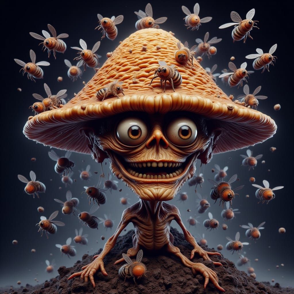 Whimsical Mushroom with Beehive Hat Evades Swarming Bees