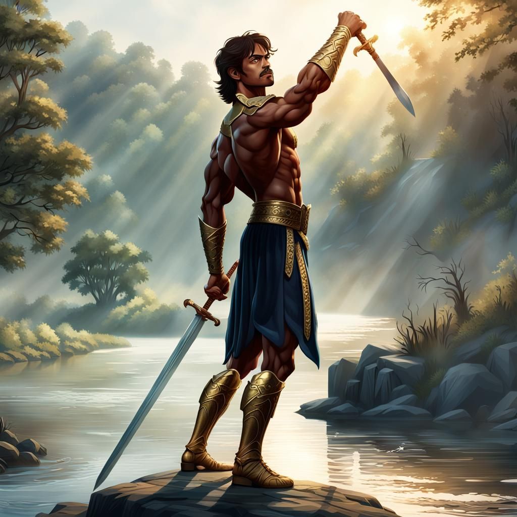 Heroic Prince with Sword in Fantasy Landscape