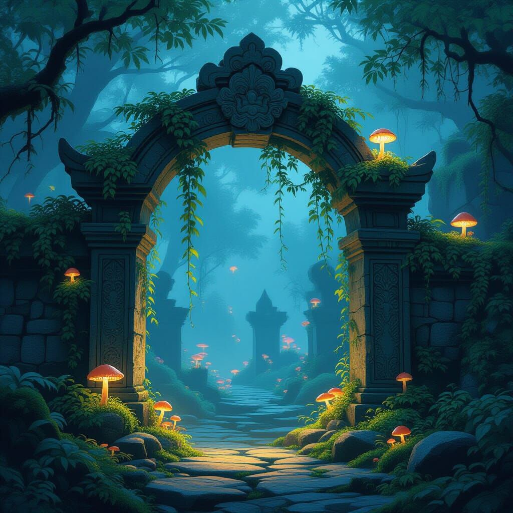 Ancient Archway to Forgotten Temple in Ethereal Glow