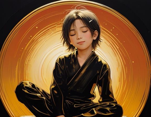 Child in Cosmic Zen: Grunge Oil Painting