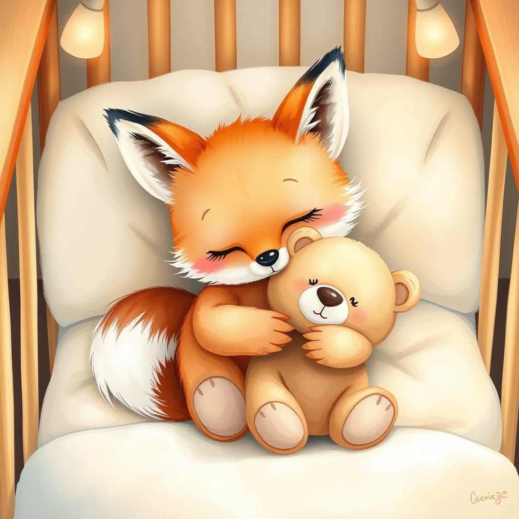 Sleepy Baby Fox in Crib, Watercolor Illustration