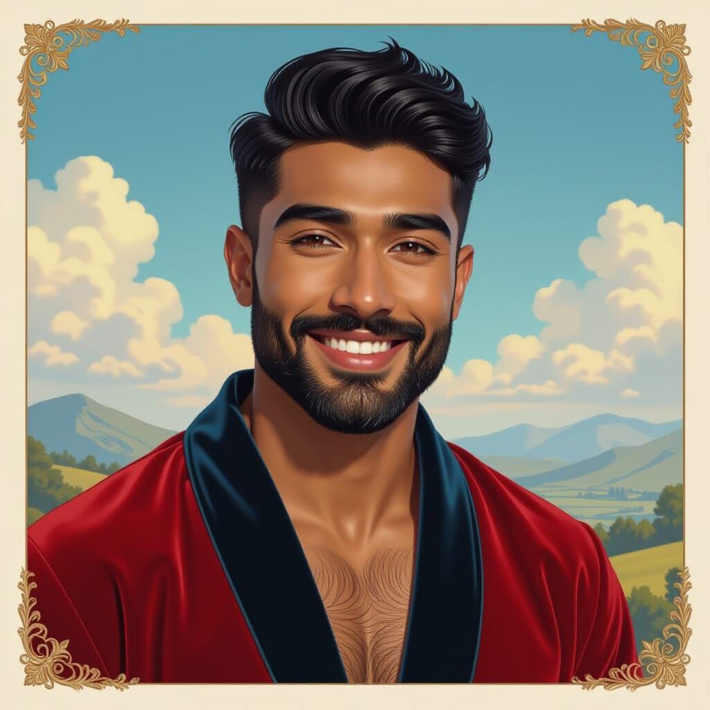 Joyous Man in Velvet Bathrobe in Ethereal Landscape