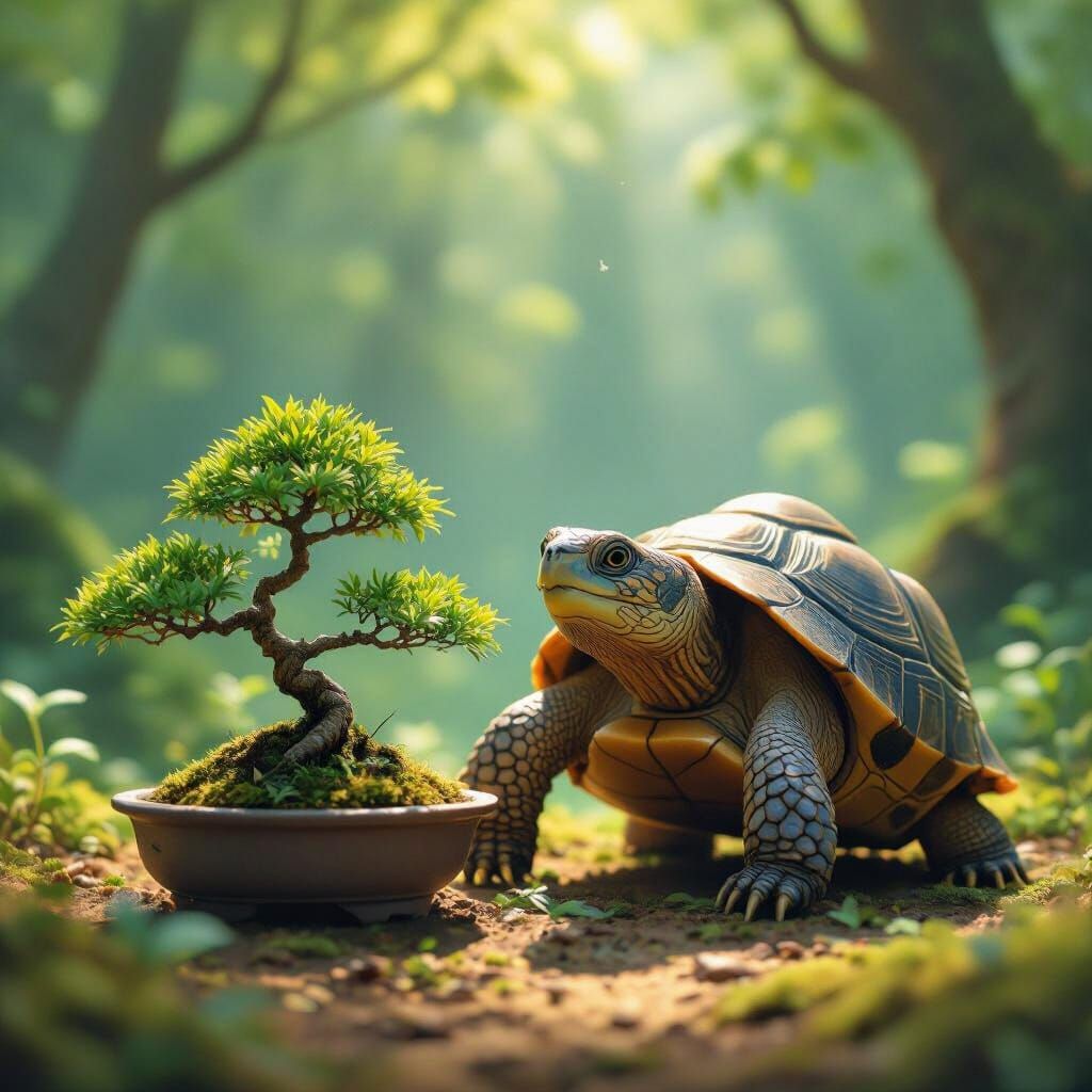 Wise Tortoise Tends Bonsai Garden in Forest