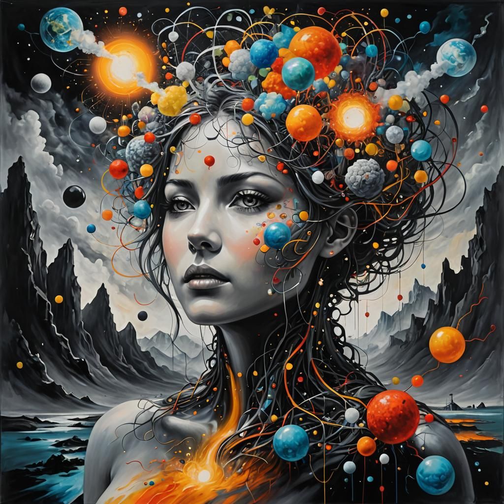 Interconnected Thoughts in Surreal Mixed Media Dreamscape