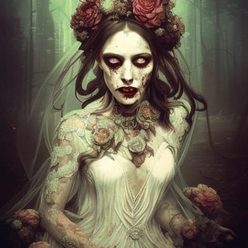 Ornate Zombie Bride Portrait in Decayed Wedding Gown