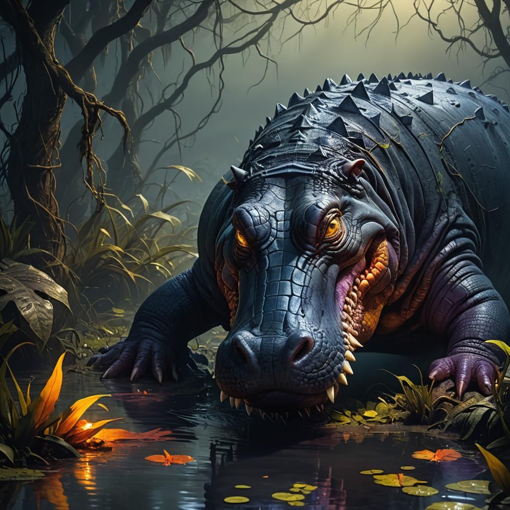 Hippo-Alligator Hybrid in Dark Fantasy Swamp