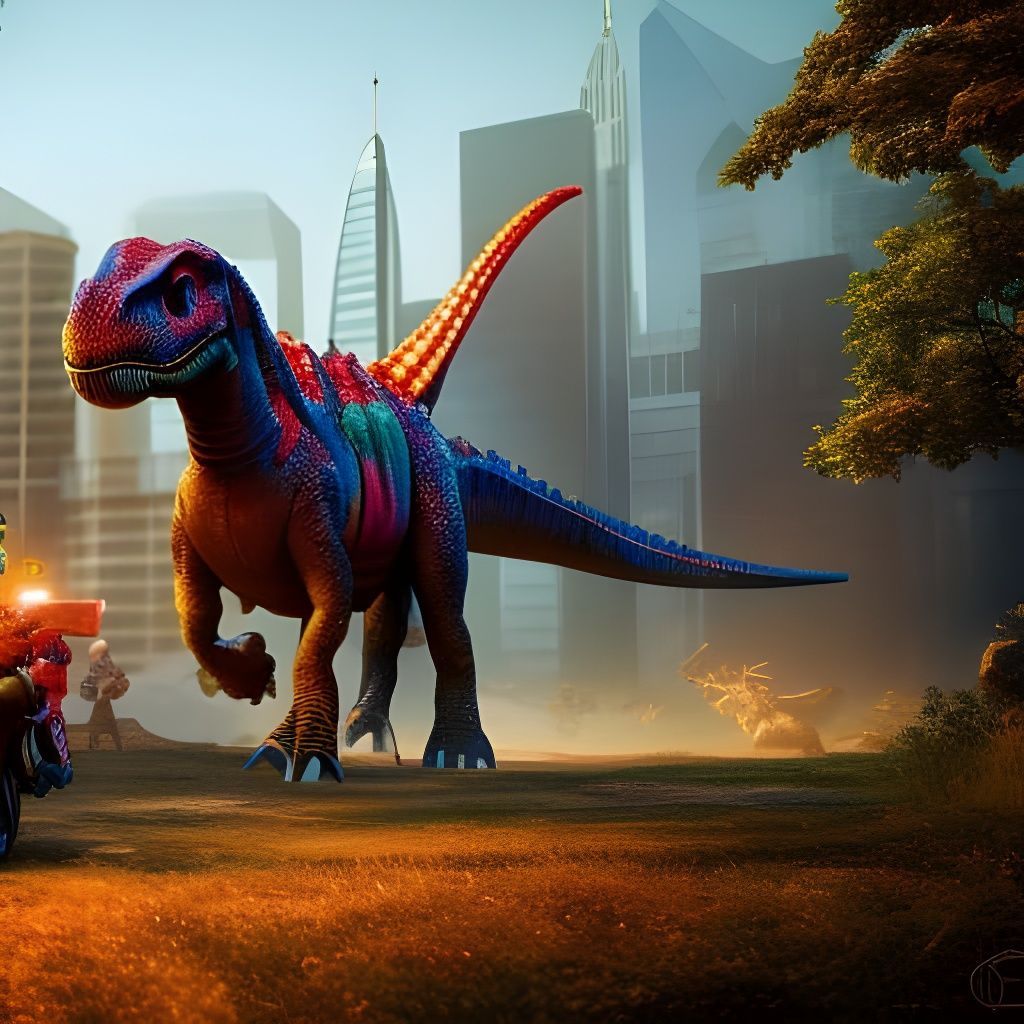 Toddler Rides Dinosaur in Steampunk Sydney, Detailed Art