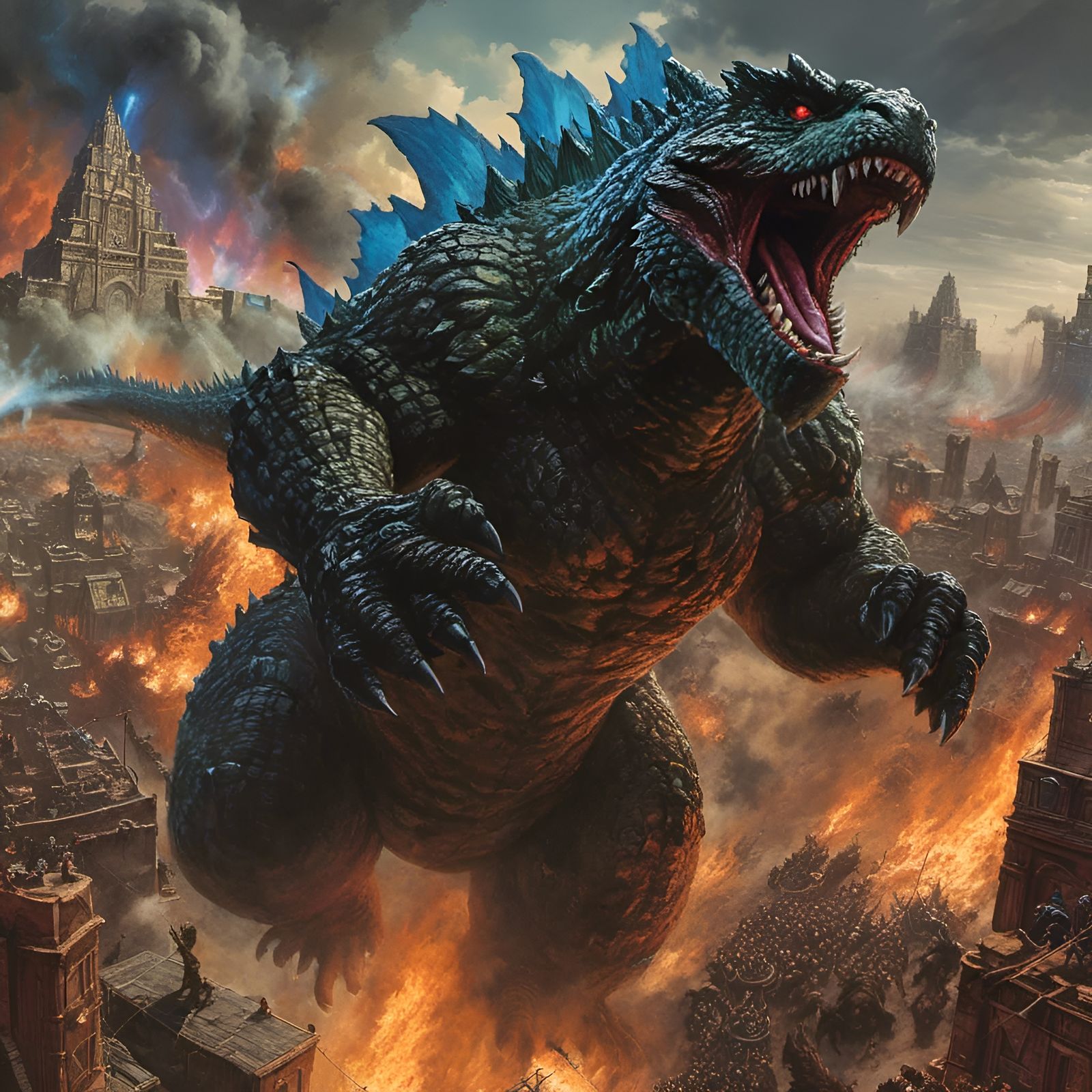 Godzilla rampaging through a medieval city