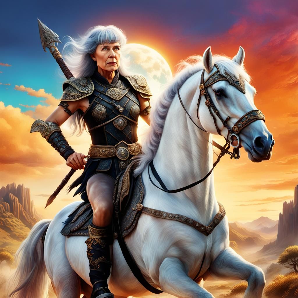 Elderly Xena Warrior on Horse in Fantasy Landscape